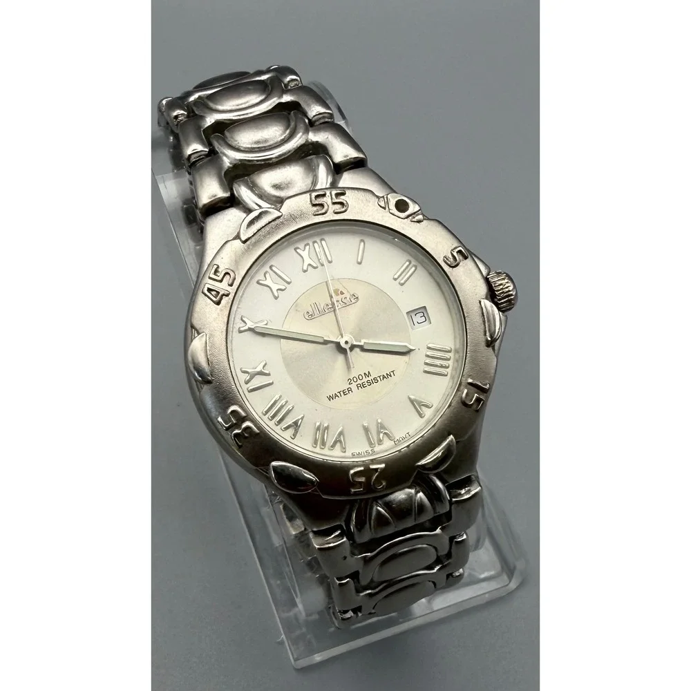 Vintage Ellesse Swiss Quartz Watch 200M Silver Tone Date Bracelet